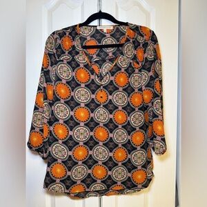 Daniel Rainn - 3/4 Sleeve Blouse with an Orange and Black Floral Geometric Print